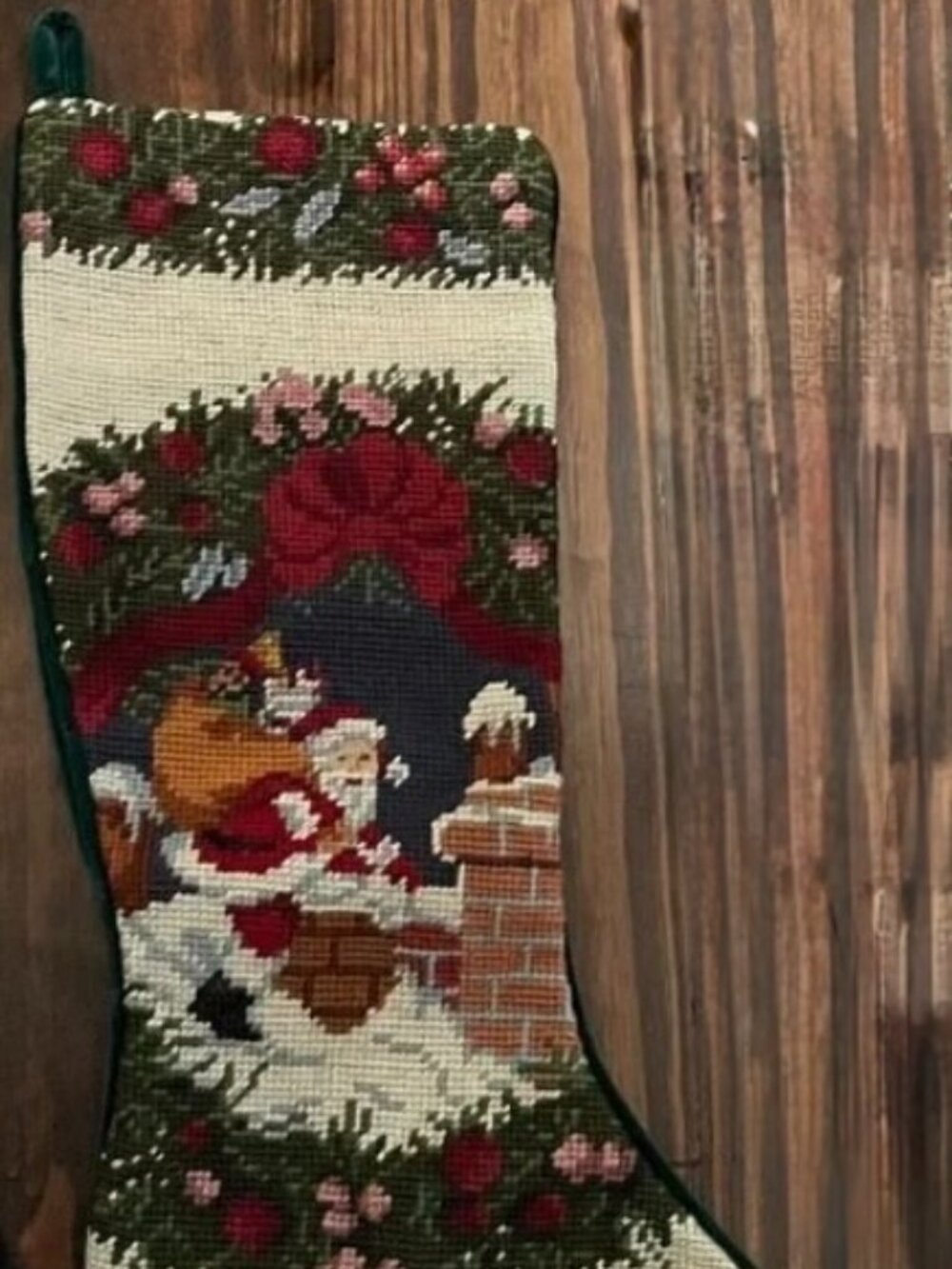 Vintage Needlepoint Christmas Stocking - Santa on Roof